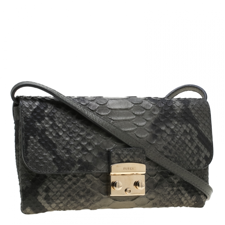 Pre Owned Furla Dark Grey Python Embossed Leather Crossbody Bag