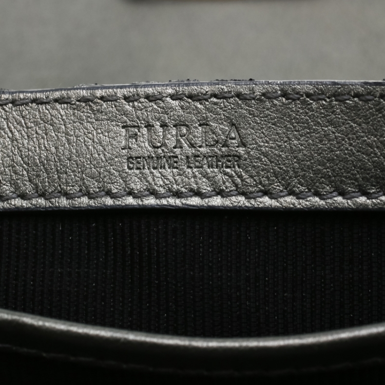 Pre Owned Furla Dark Grey Python Embossed Leather Crossbody Bag