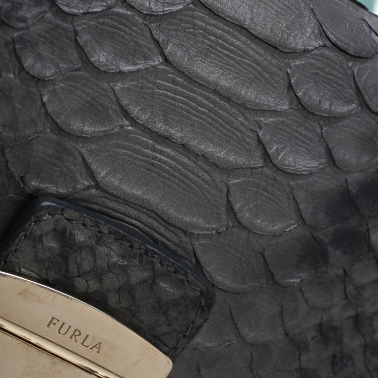 Pre Owned Furla Dark Grey Python Embossed Leather Crossbody Bag