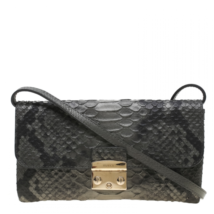 Pre Owned Furla Dark Grey Python Embossed Leather Crossbody Bag