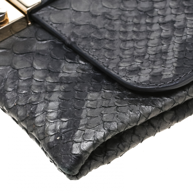 Pre Owned Furla Dark Grey Python Embossed Leather Crossbody Bag