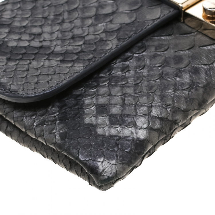 Pre Owned Furla Dark Grey Python Embossed Leather Crossbody Bag