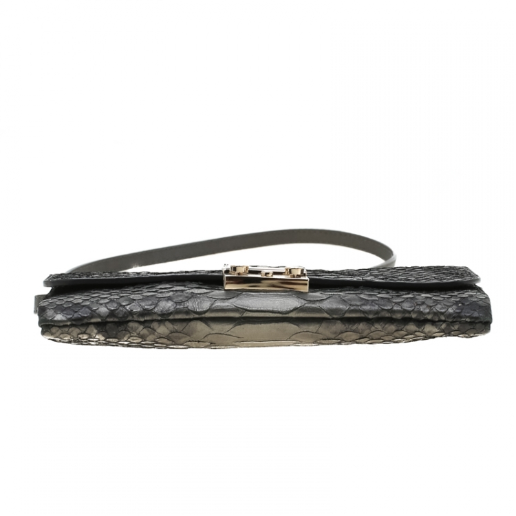 Pre Owned Furla Dark Grey Python Embossed Leather Crossbody Bag