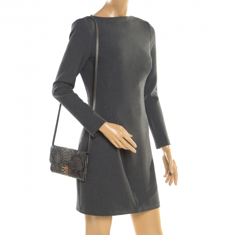 Pre Owned Furla Dark Grey Python Embossed Leather Crossbody Bag