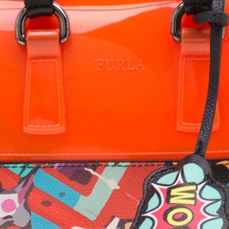 Pre Owned Furla Orange/Multicolor Rubber and Printed Leather Mini Candy Cookie Graffiti Satchel