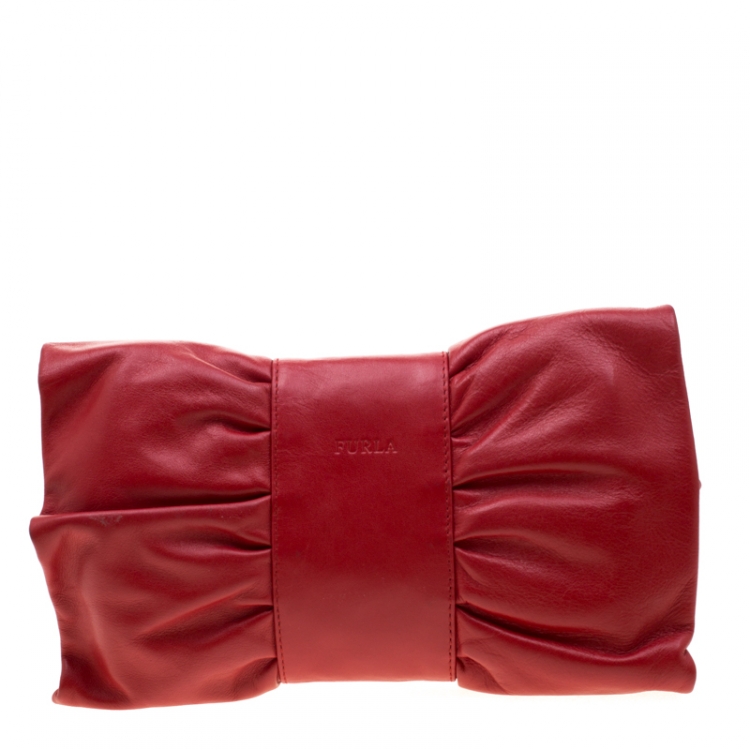Pre Owned Furla Red Leather Bow Clutch