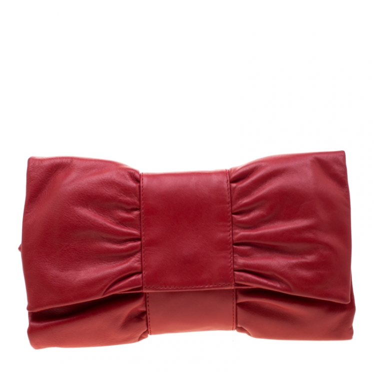 Pre Owned Furla Red Leather Bow Clutch