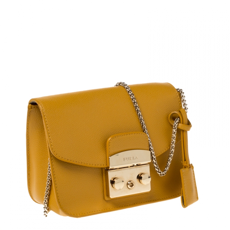 Pre Owned Furla Mustard Leather Mini Metropolis Crossbody Bag