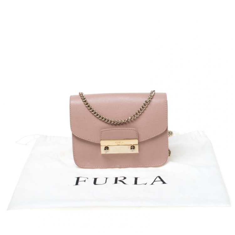 Pre Owned Furla Light Pink Leather Mini Metropolis Crossbody Bag