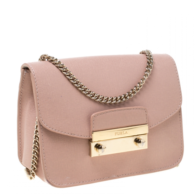 Pre Owned Furla Light Pink Leather Mini Metropolis Crossbody Bag