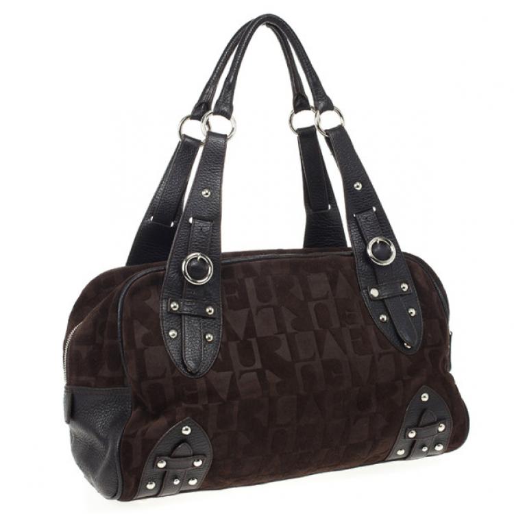 Pre Owned Furla Brown Suede Monogram Satchel