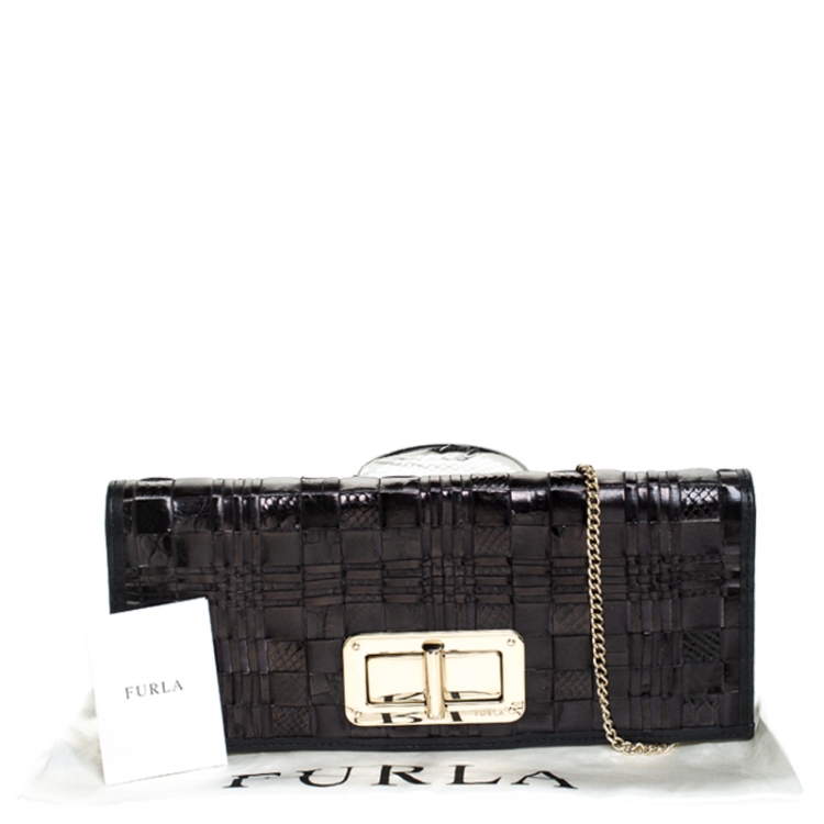 Pre Owned Furla Black Leather Turnlock Clutch 