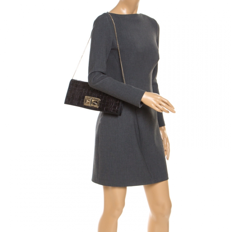Pre Owned Furla Black Leather Turnlock Clutch 