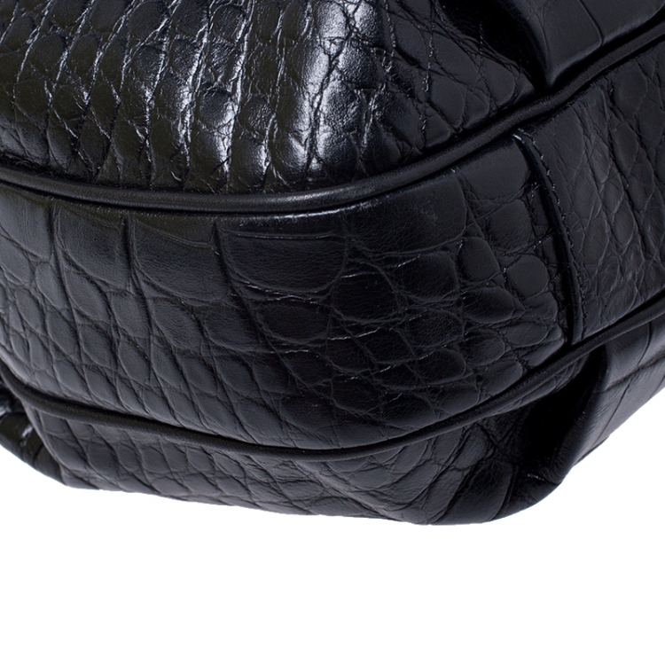 مملوكة مسبقً�ا Furla Black Croc Embossed Leather Shoulder Bag