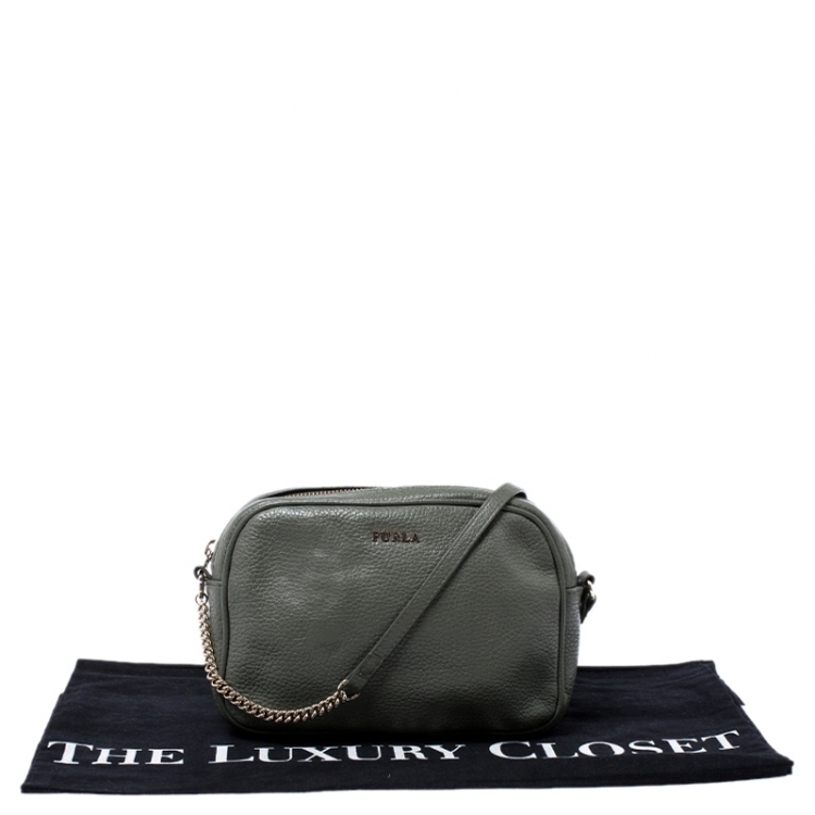 Pre Owned Furla Olive Green Leather Camera Crossbody Bag