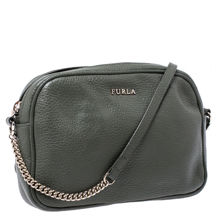 Pre Owned Furla Olive Green Leather Camera Crossbody Bag
