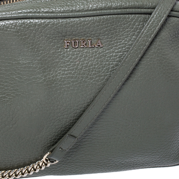Pre Owned Furla Olive Green Leather Camera Crossbody Bag