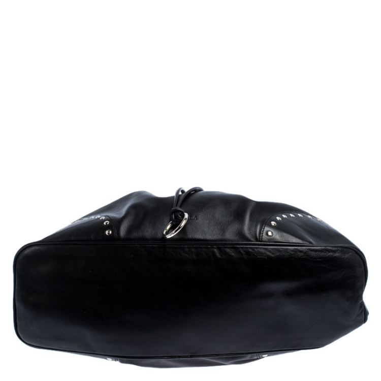 Pre Owned Furla Black Leather Drawstring Studded Shoulder Bag