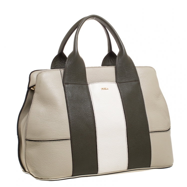 Pre Owned Furla Tricolor Stripe Leather Satchel 