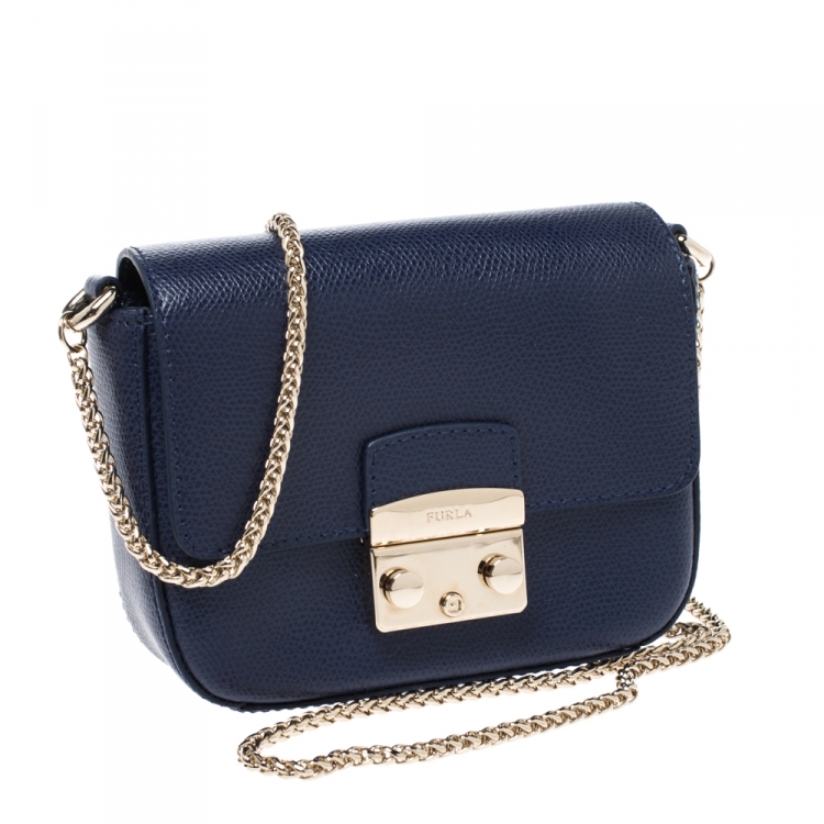 Pre Owned Furla Navy Blue Leather Mini Metropolis Crossbody Bag