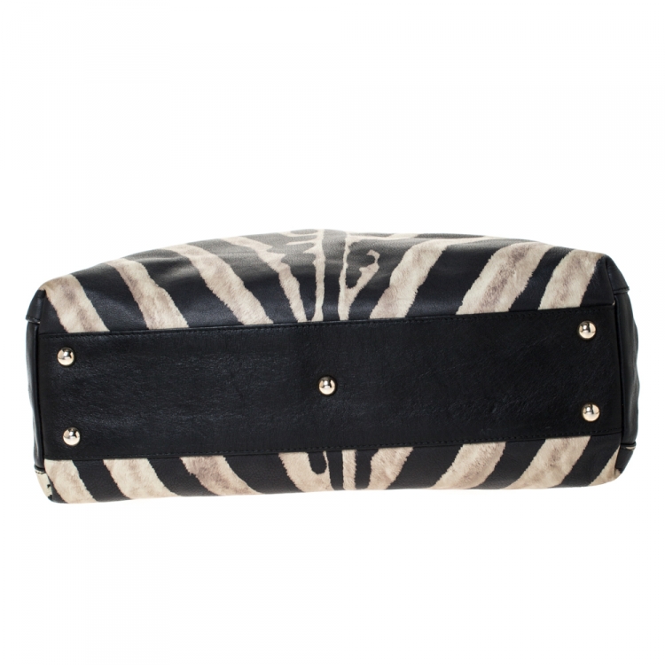 Pre Owned Furla Black/Cream Zebra Print Leather Piper Top Handle Bag w/ Zippy Wallet