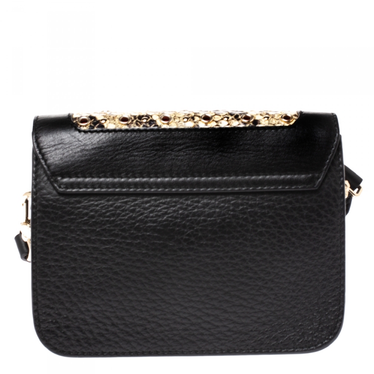 Pre Owned Furla Black/Beige Leather and Snakeskin Effect Mini Metropolis Crossbody Bag