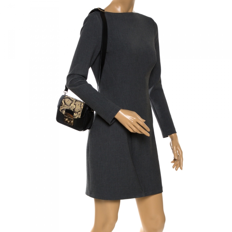 Pre Owned Furla Black/Beige Leather and Snakeskin Effect Mini Metropolis Crossbody Bag