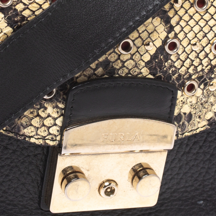 Pre Owned Furla Black/Beige Leather and Snakeskin Effect Mini Metropolis Crossbody Bag