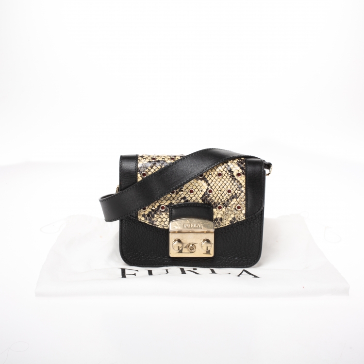 Pre Owned Furla Black/Beige Leather and Snakeskin Effect Mini Metropolis Crossbody Bag