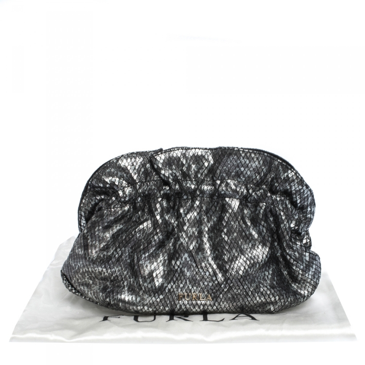 Pre Owned Furla Metallic Grey Snakeskin Effect Leather Ruffle Clutch