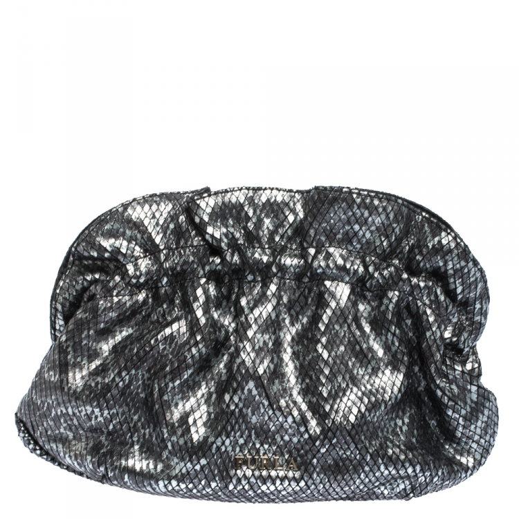Pre Owned Furla Metallic Grey Snakeskin Effect Leather Ruffle Clutch