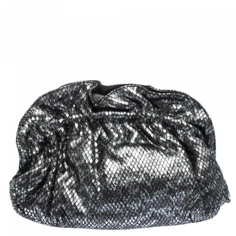 Pre Owned Furla Metallic Grey Snakeskin Effect Leather Ruffle Clutch