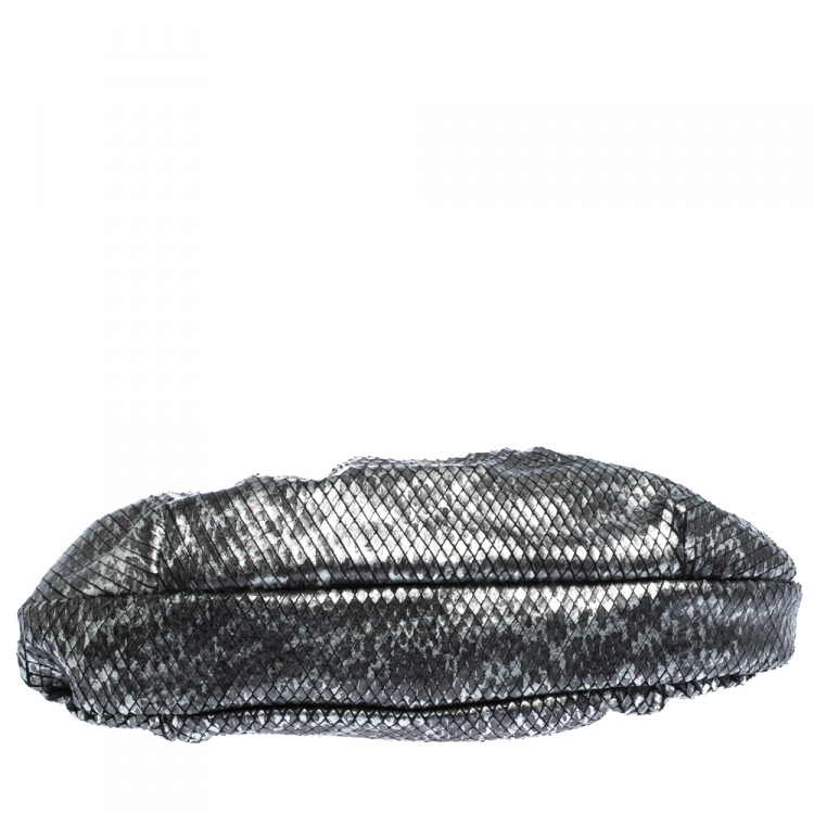 Pre Owned Furla Metallic Grey Snakeskin Effect Leather Ruffle Clutch