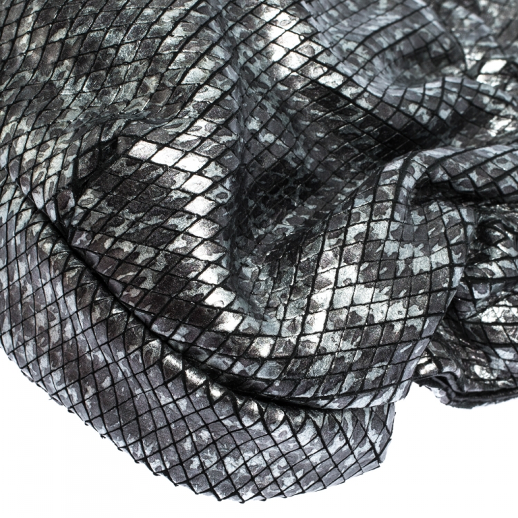 Pre Owned Furla Metallic Grey Snakeskin Effect Leather Ruffle Clutch