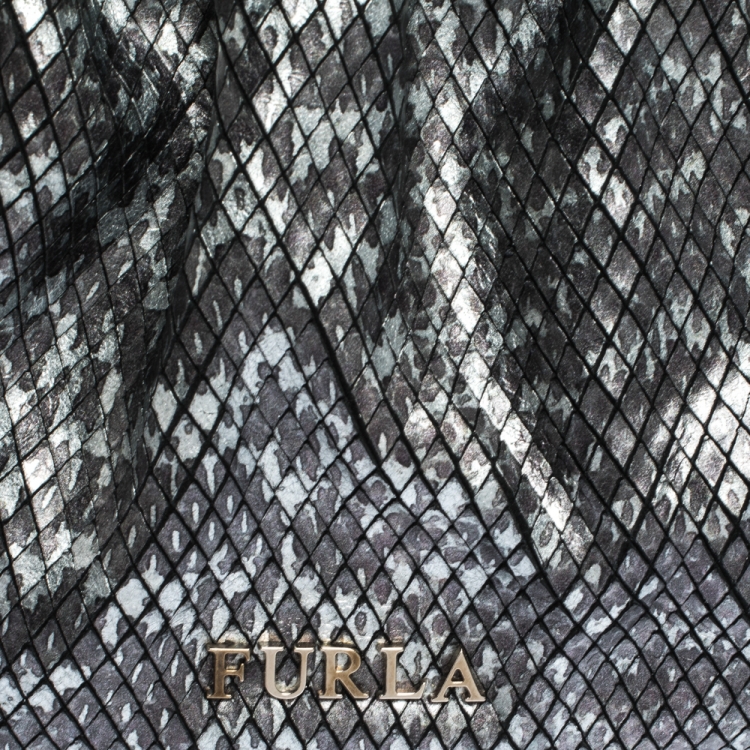 Pre Owned Furla Metallic Grey Snakeskin Effect Leather Ruffle Clutch
