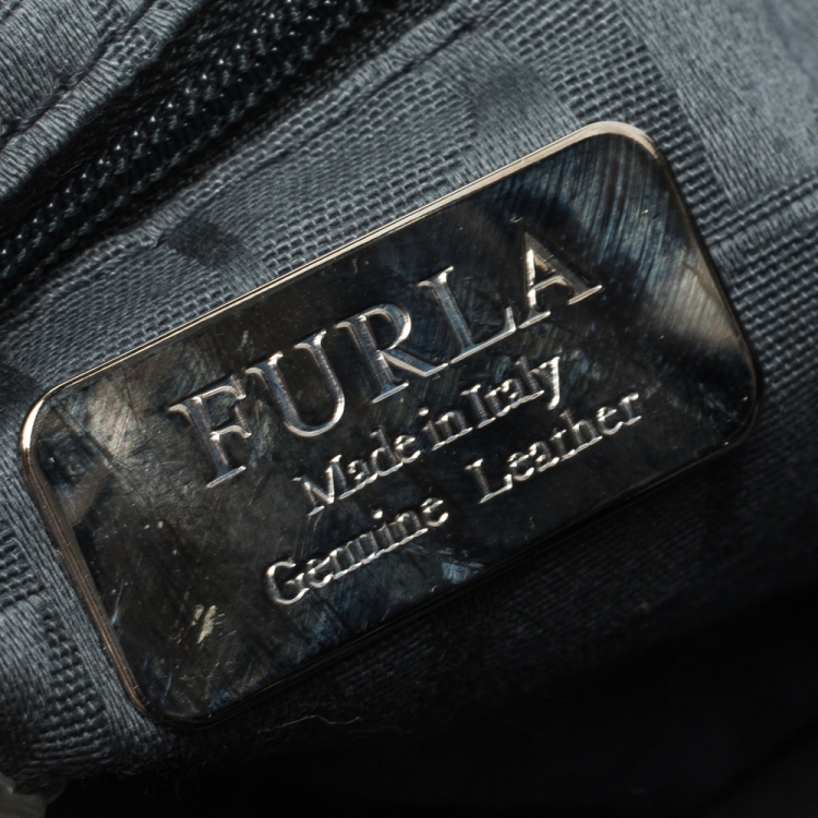 Pre Owned Furla Metallic Grey Snakeskin Effect Leather Ruffle Clutch