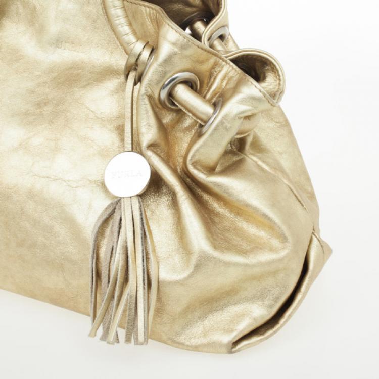 Pre Owned Furla Gold Metallic Leather Carmen Shopper Tote