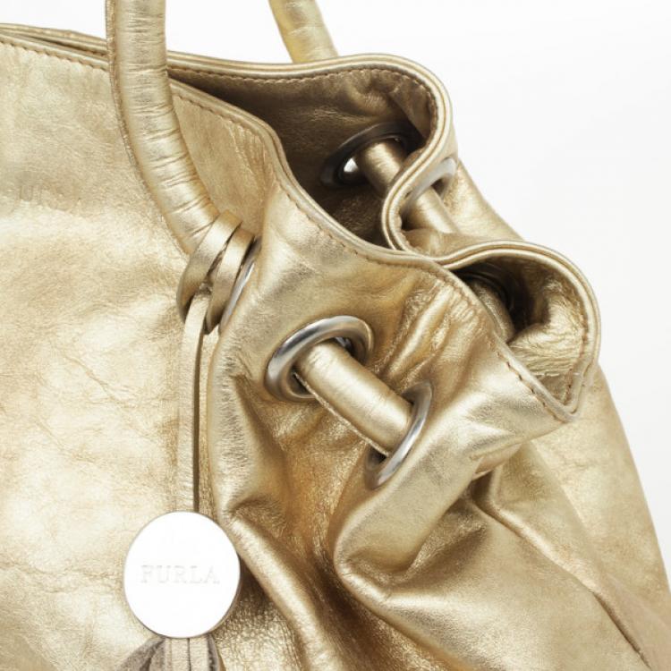 Pre Owned Furla Gold Metallic Leather Carmen Shopper Tote