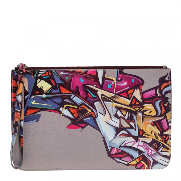 Pre Owned Furla Multicolor Printed Leather Wristlet Pouch