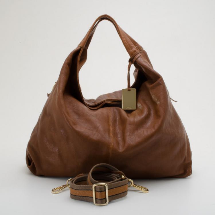 Pre Owned Furla Camel Pebbled Leather Salome Large Hobo