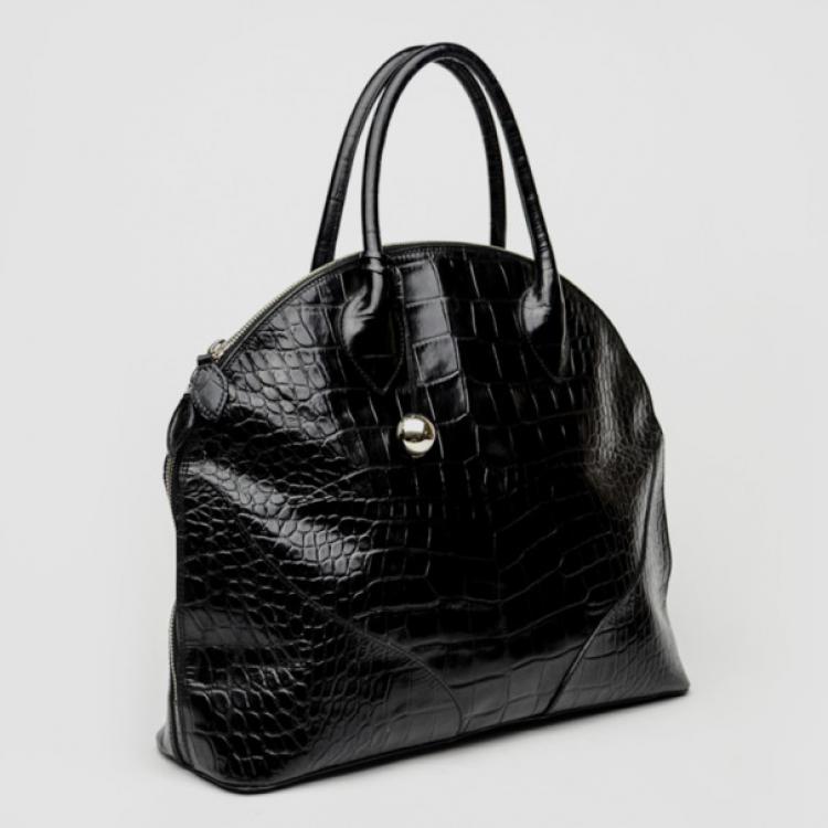 Pre Owned Furla Black Croc Embossed Dome Satchel