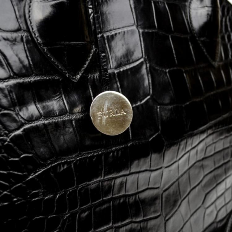 Pre Owned Furla Black Croc Embossed Dome Satchel