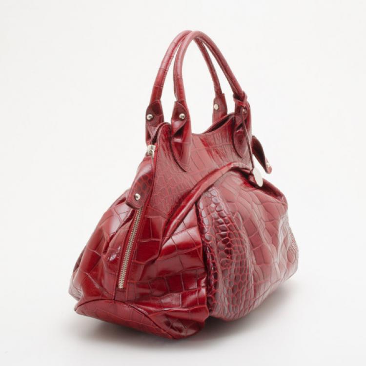 Pre Owned Furla Red Crocodile Leather Large Clara Shopper