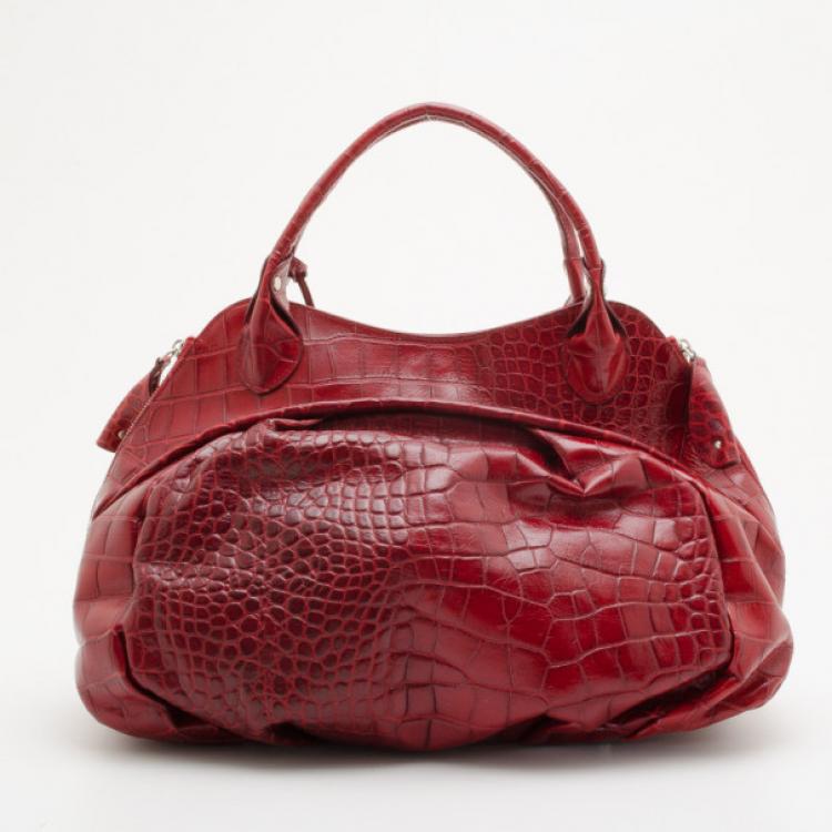 Pre Owned Furla Red Crocodile Leather Large Clara Shopper