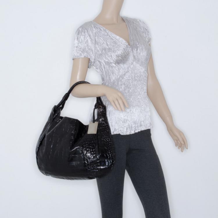 Pre Owned Furla Black Grape Croc Embossed Zarina Shoulder Bag 