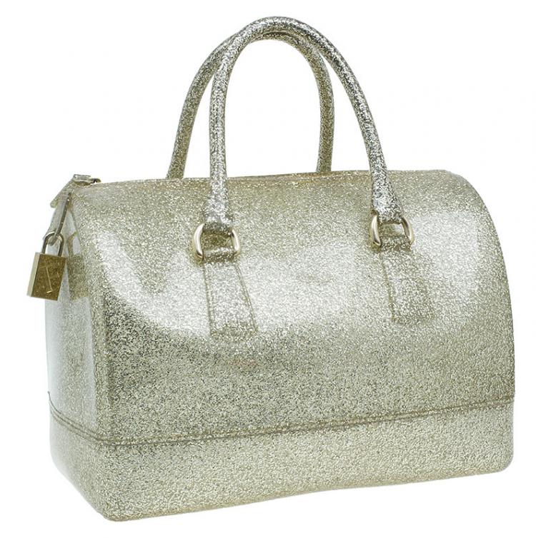 Pre Owned Furla Gold Glitter Rubber Candy Satchel Bag