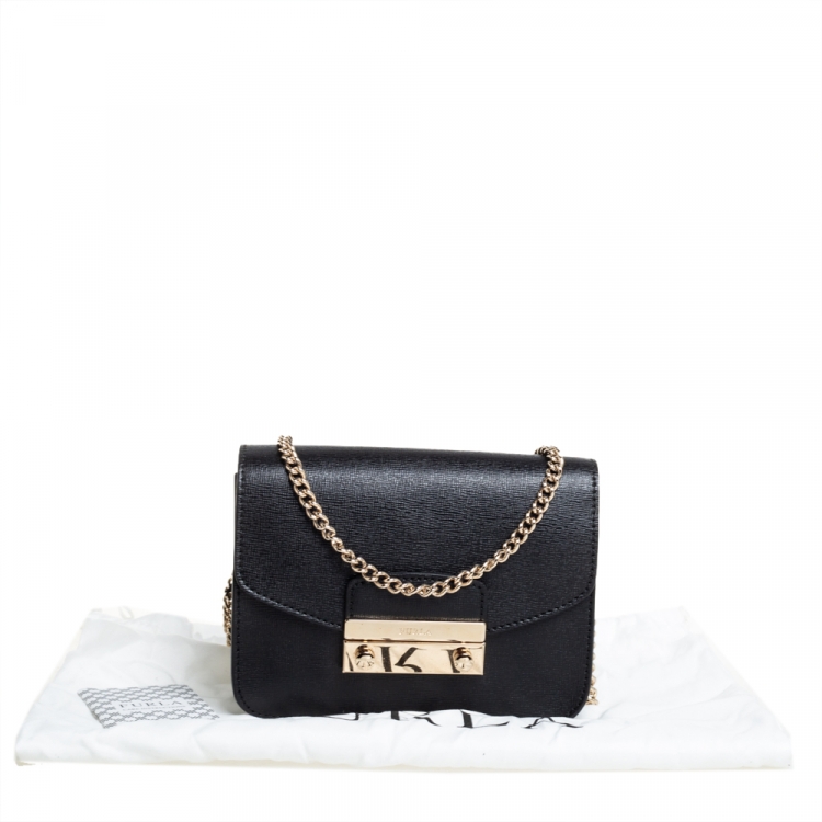 Pre Owned Furla Black Leather Mini Metropolis Chain Crossbody Bag