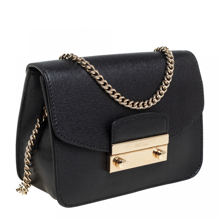 Pre Owned Furla Black Leather Mini Metropolis Chain Crossbody Bag