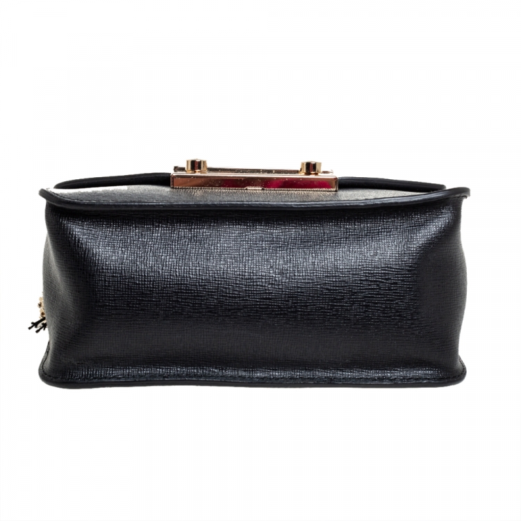 Pre Owned Furla Black Leather Mini Metropolis Chain Crossbody Bag