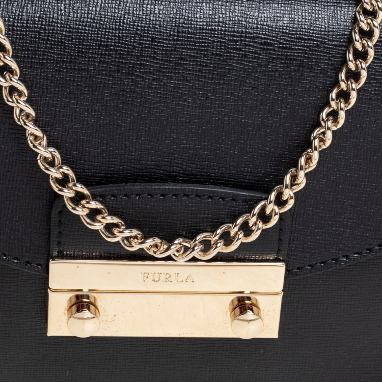 Pre Owned Furla Black Leather Mini Metropolis Chain Crossbody Bag